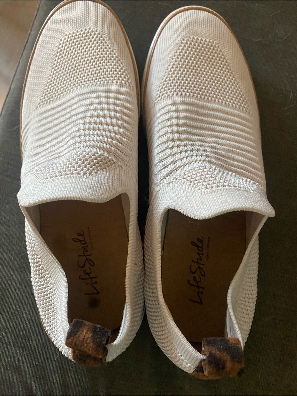 Life Stride Cream Knit Slip-On Loafers with Leopard Pull Tab